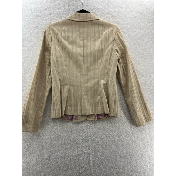 Nanette Lepore Womens Blazer Beige Stripe Long Sleeve Ruffle Pockets Stretch 6 - Picture 2 of 10